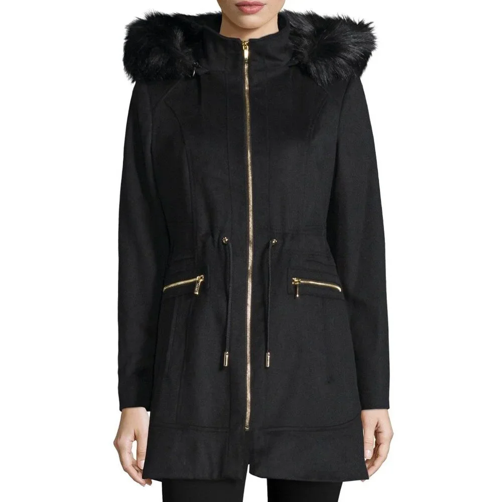 Laundry By Shelli Segal Black Wool Faux Fur Trim Hooded Coat | Cozy Quiet Luxury - Picture 2 of 16